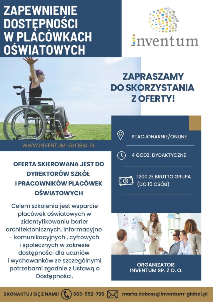 Plakat promujący Szkolenia z Dostępności dla Szkół - informacje powyżej plakatu 