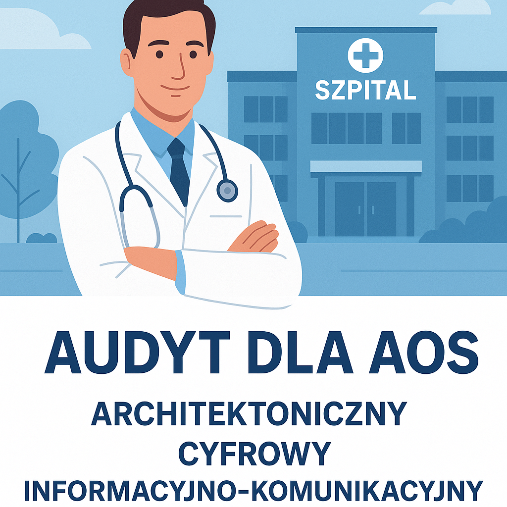Zdjęcie rysunkowe przedstawiające lekarza na tle szpitala i napis Audyty dla AOS