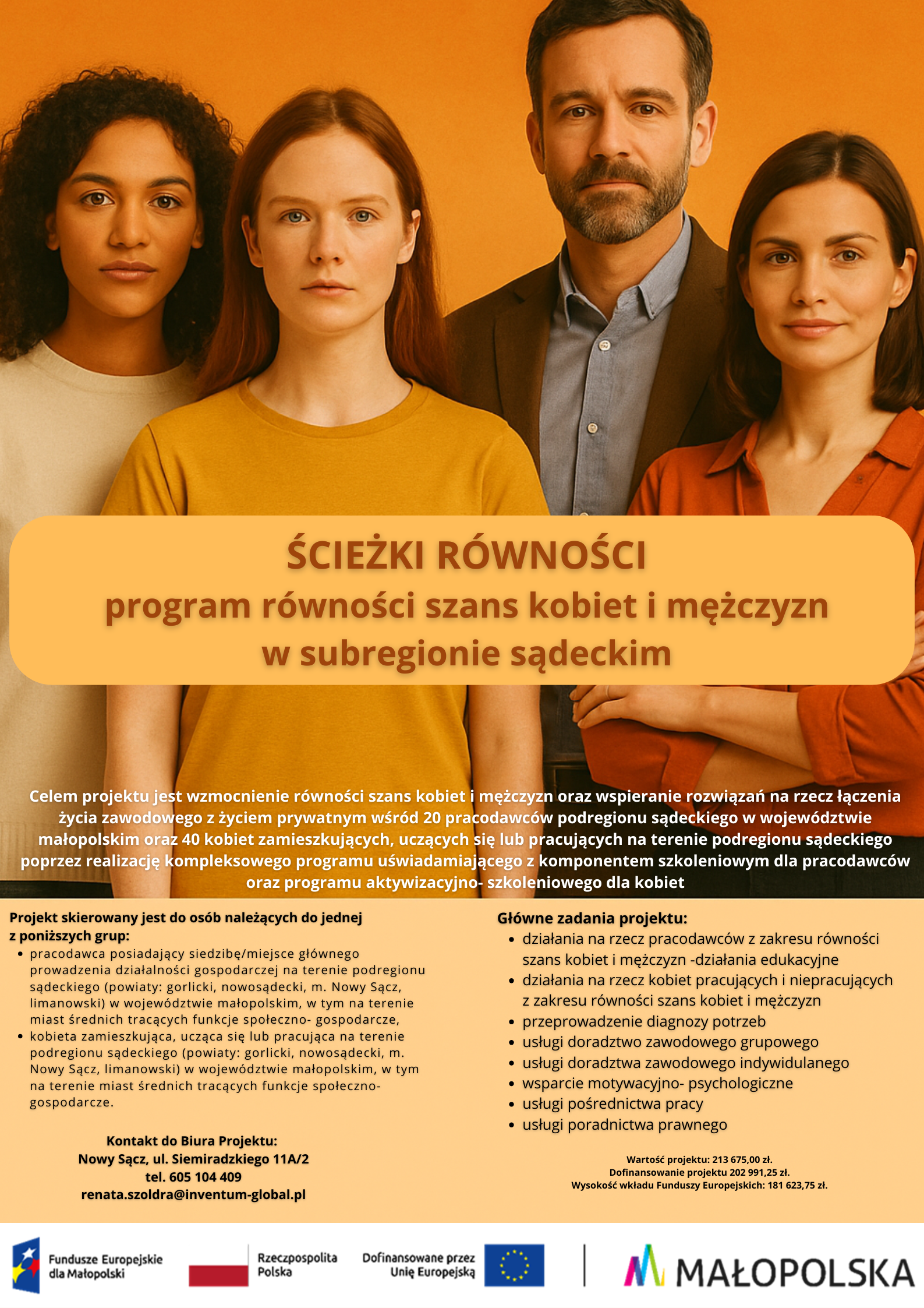 plakat projektu &bdquo;ŚCIEŻKI R&Oacute;WNOŚCI&rdquo;- program r&oacute;wności szans kobiet i mężczyzn z subregionu sądeckiego